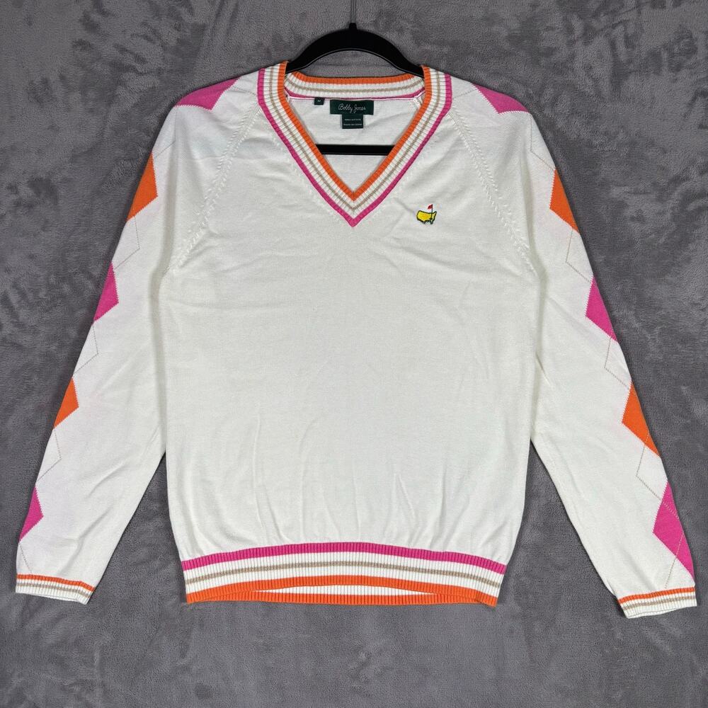 Women’s Bobby Jones Masters Golf Sweater Medium Ivory Pink Orange V Neck Preppy